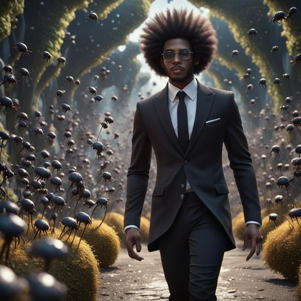 Black Man with Afro Surrounded by Fairies
