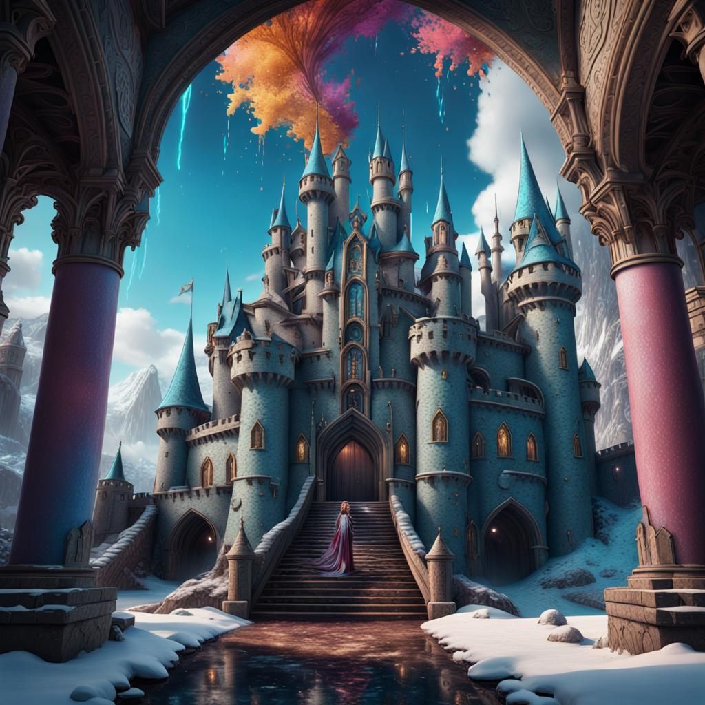 Psychedelic Snow Queen in Fantasy Castle, Hyperreal Art