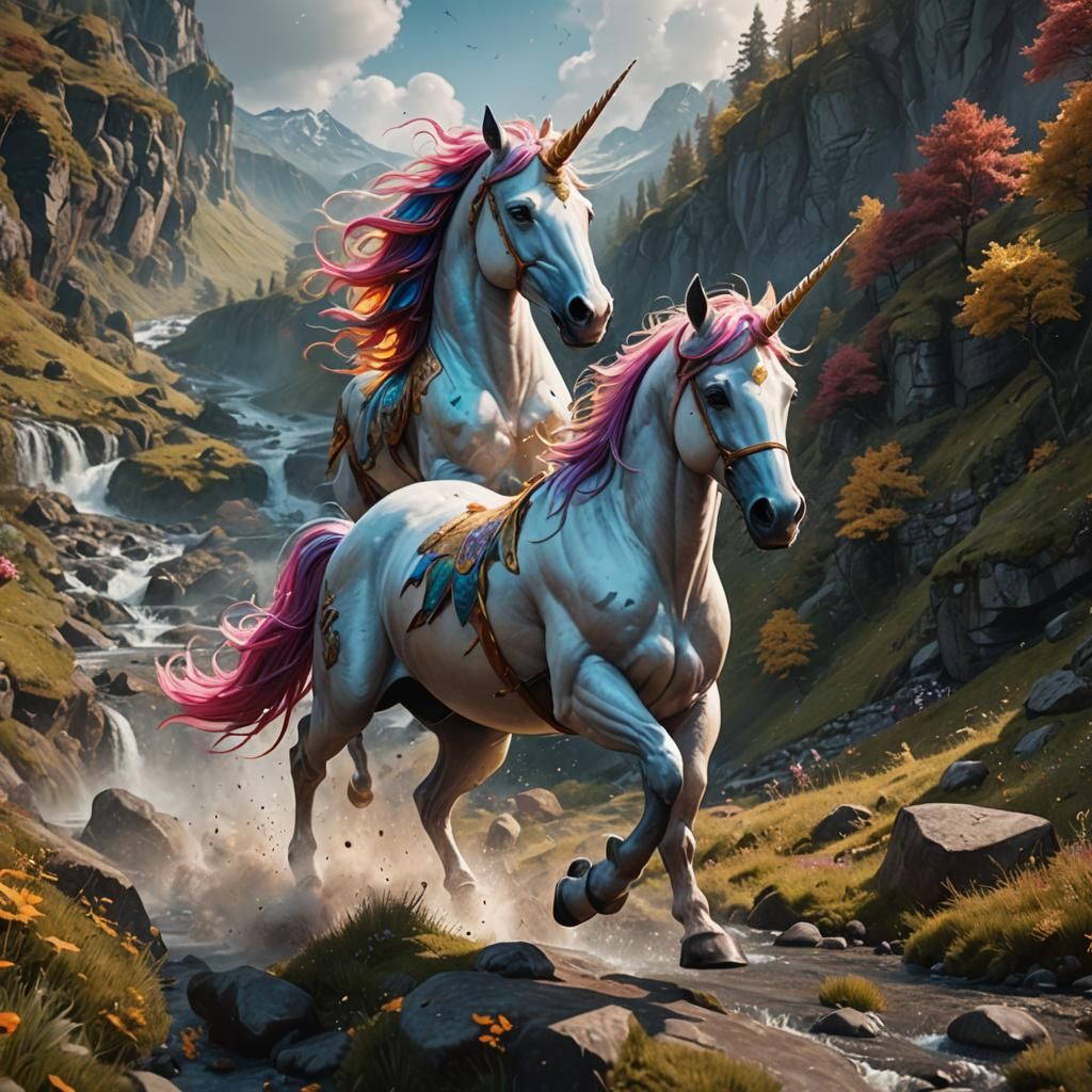 Majestic Unicorn Galloping Down Mountain: Fantasy Concept Ar...
