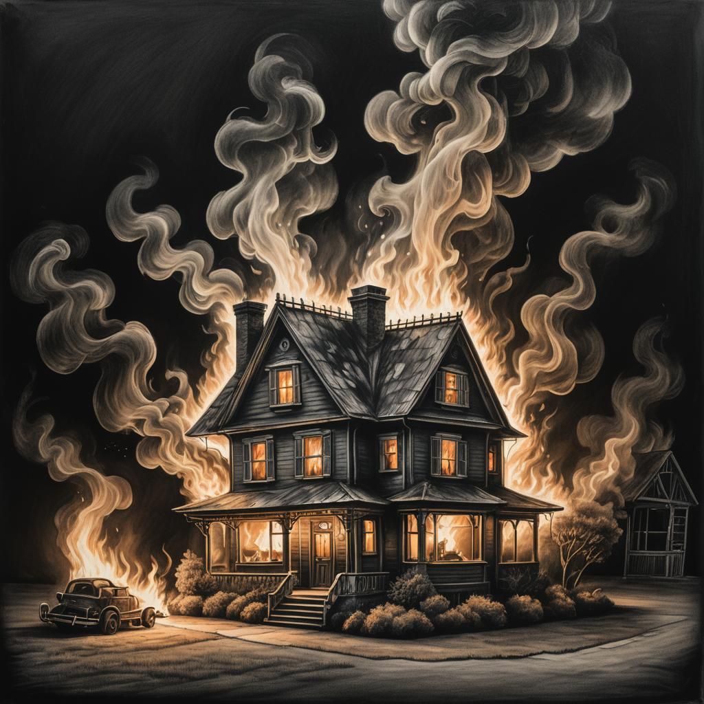 Lighter House Charcoal Drawing with Flames and Smoke