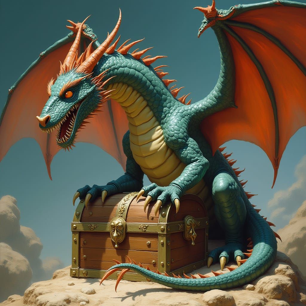 Dragon on Treasure Chest: Frazetta-Inspired Art