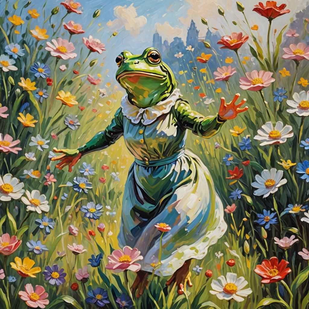 Frog Leaping to Hand: Neo-Impressionist Oil Painting