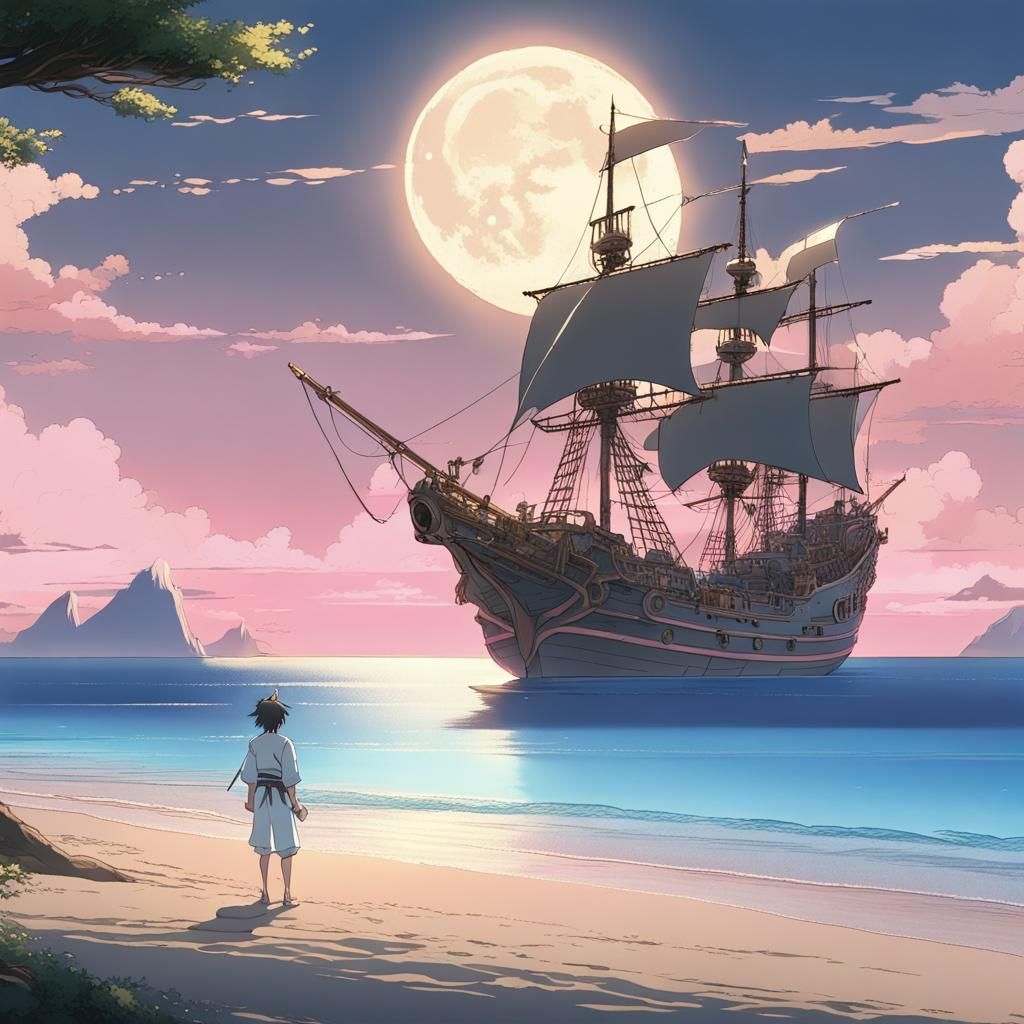 Pink Sand Beach and Pirate Ship: Anime Style