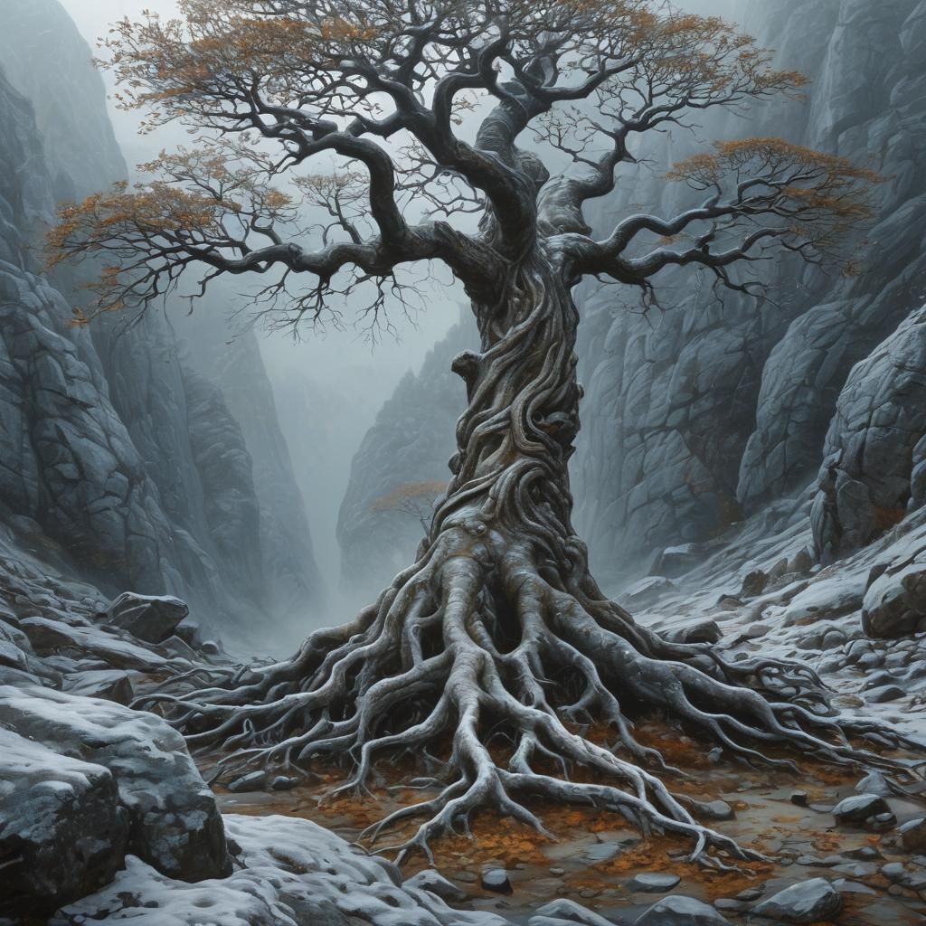 Stone Tree in Misty Mountains: Surreal Oil Painting