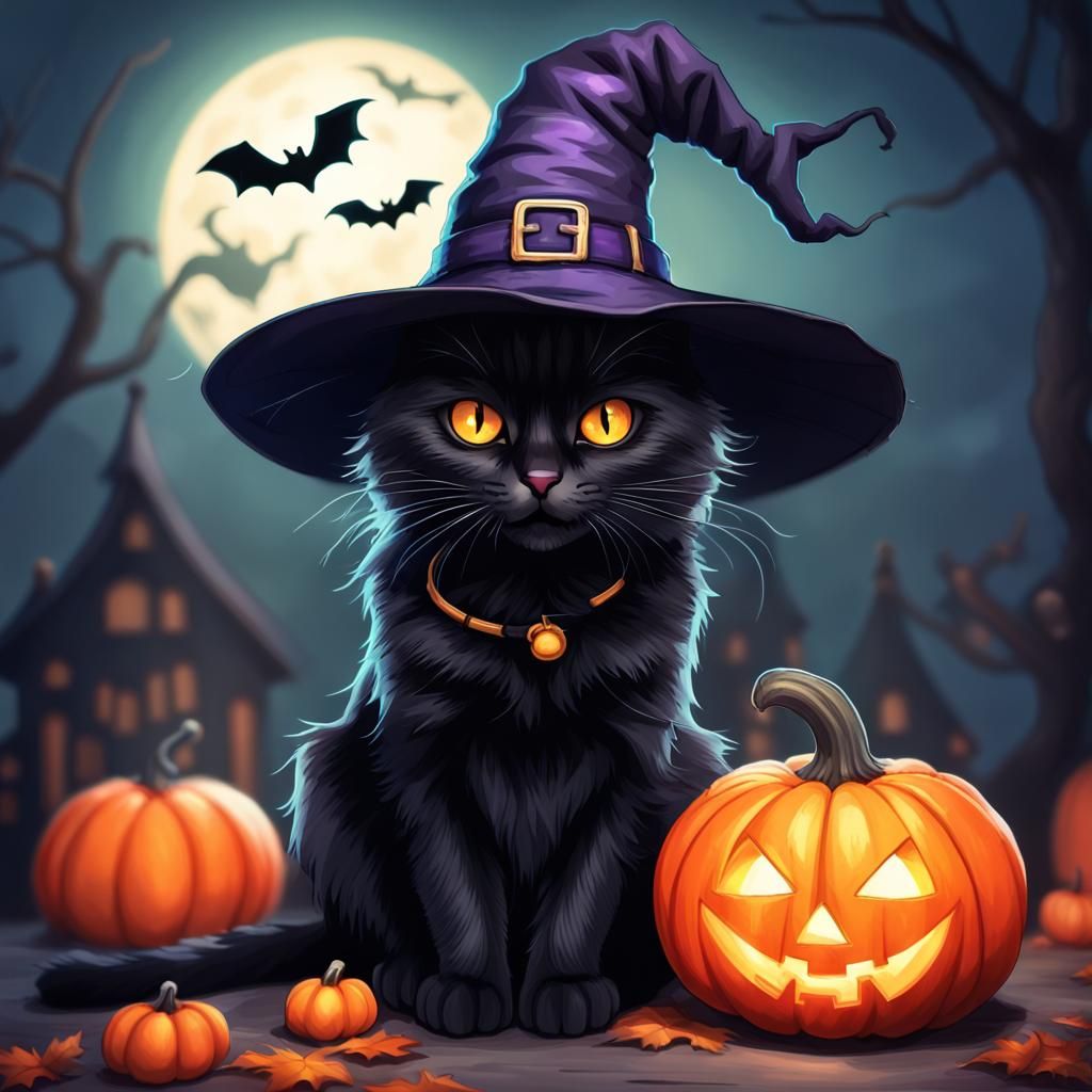 Cute Halloween Black Cat wearing a witch hat , sitting on a jack of lantern , 8k resolution concept art,deep color, st...