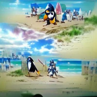 Penguin Knight on the Beach in Anime Style