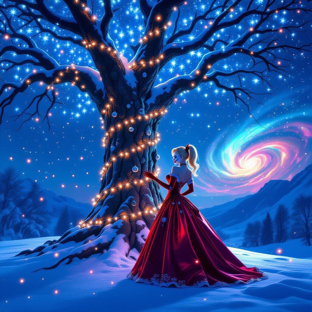 Harley Quinn and Colossal Christmas Light Tree