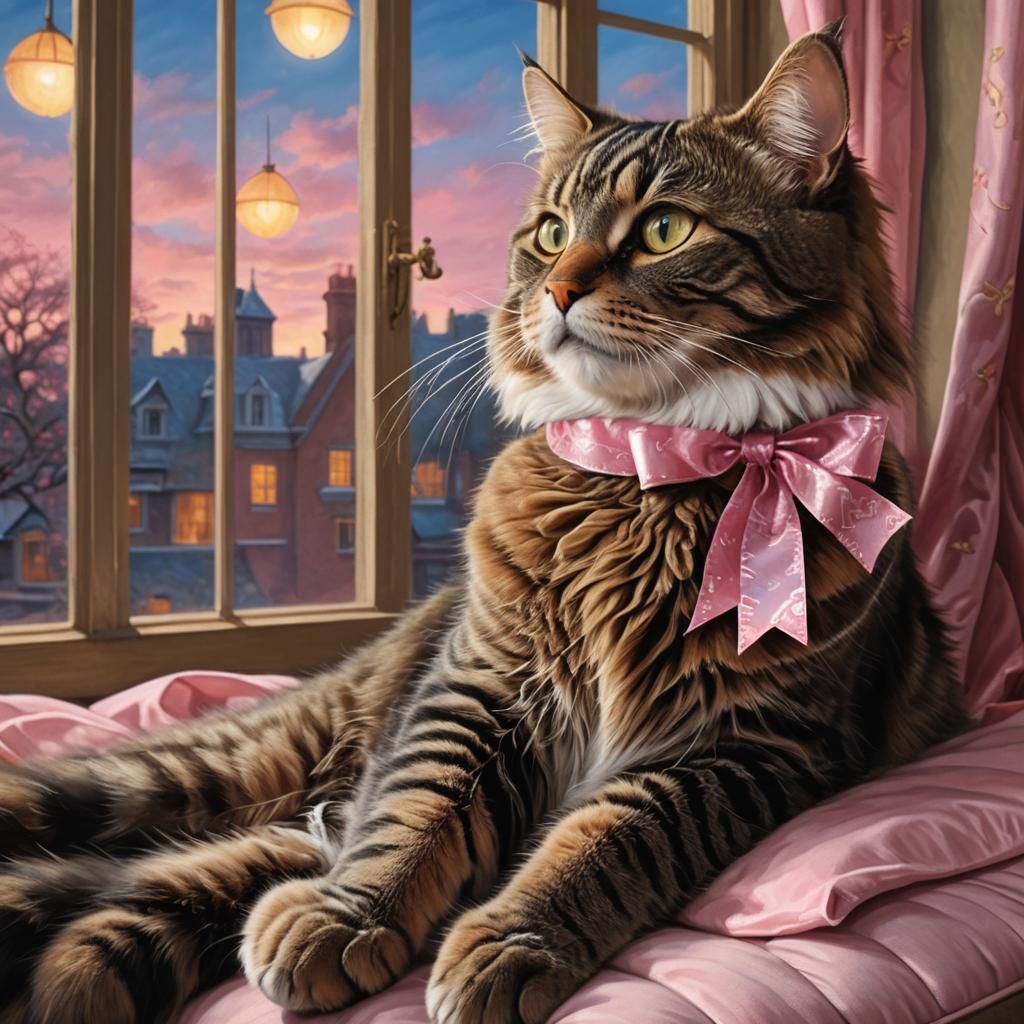 Fluffy Tabby Cat with Ribbon in Fantasy Painting