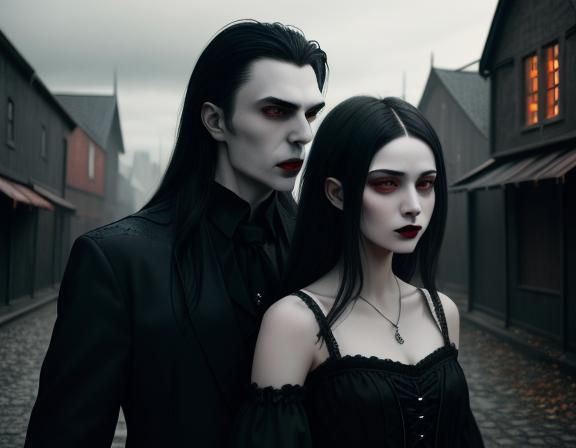 Gothic Vampire Couple Portrait in Moody Lighting