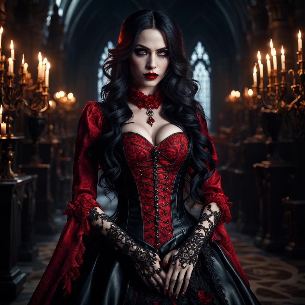 Vampire with Fangs and Lace Gloves