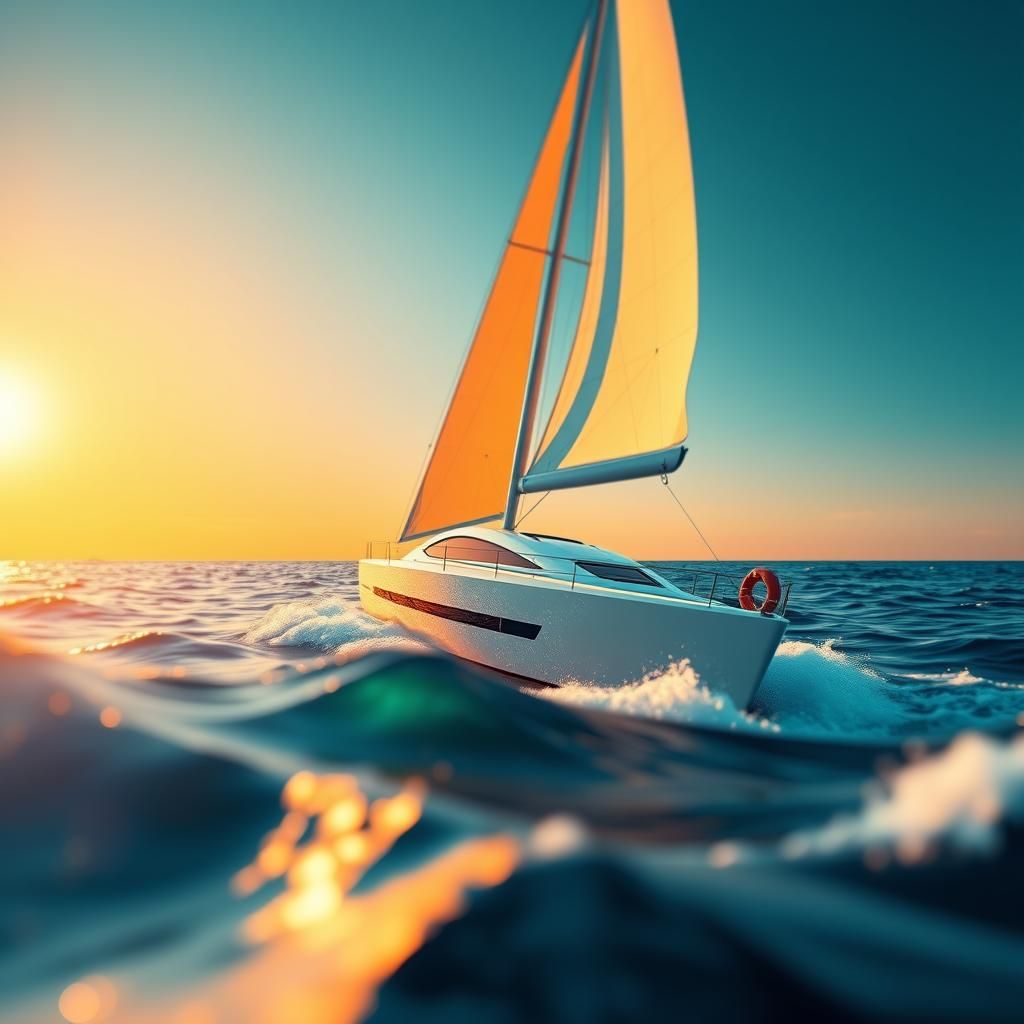 Yacht Sails Ocean in Warm Sunlight, Professional Photography