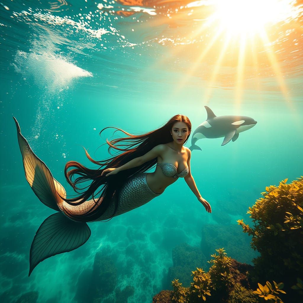 Luminous Mermaid Dives with Majestic Orca in Turquoise Depth...