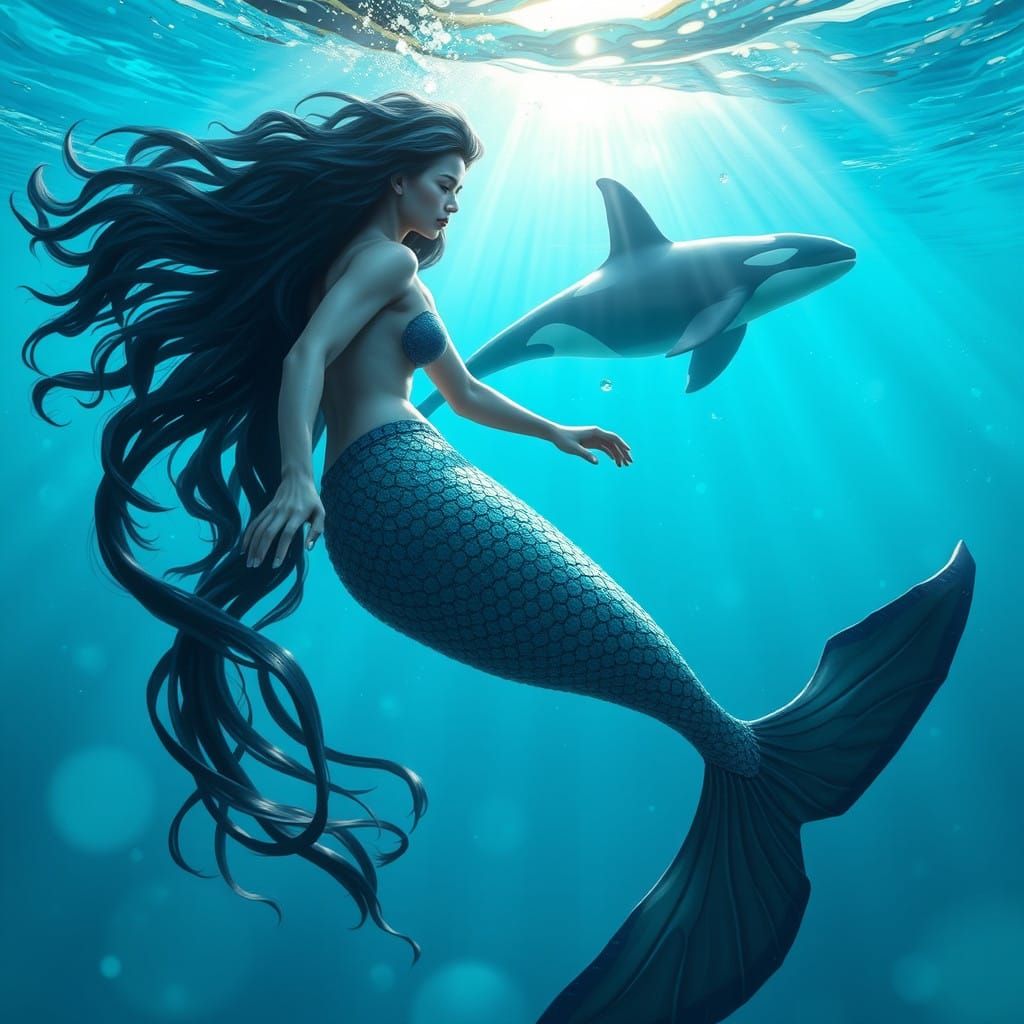 Serenity Underwater: Mermaid and Orca in a Dreamlike Realm