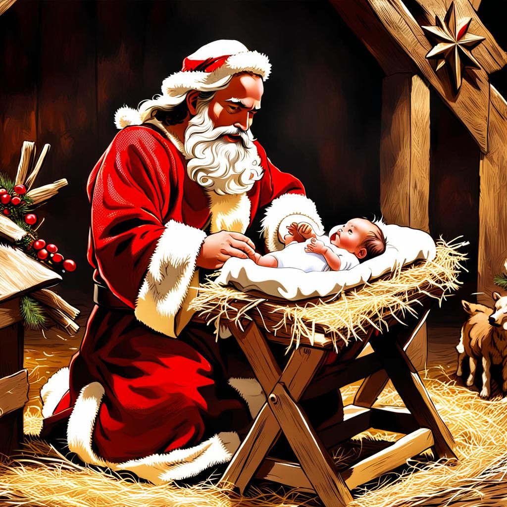 Santa Claus Holding Baby Jesus in Manger