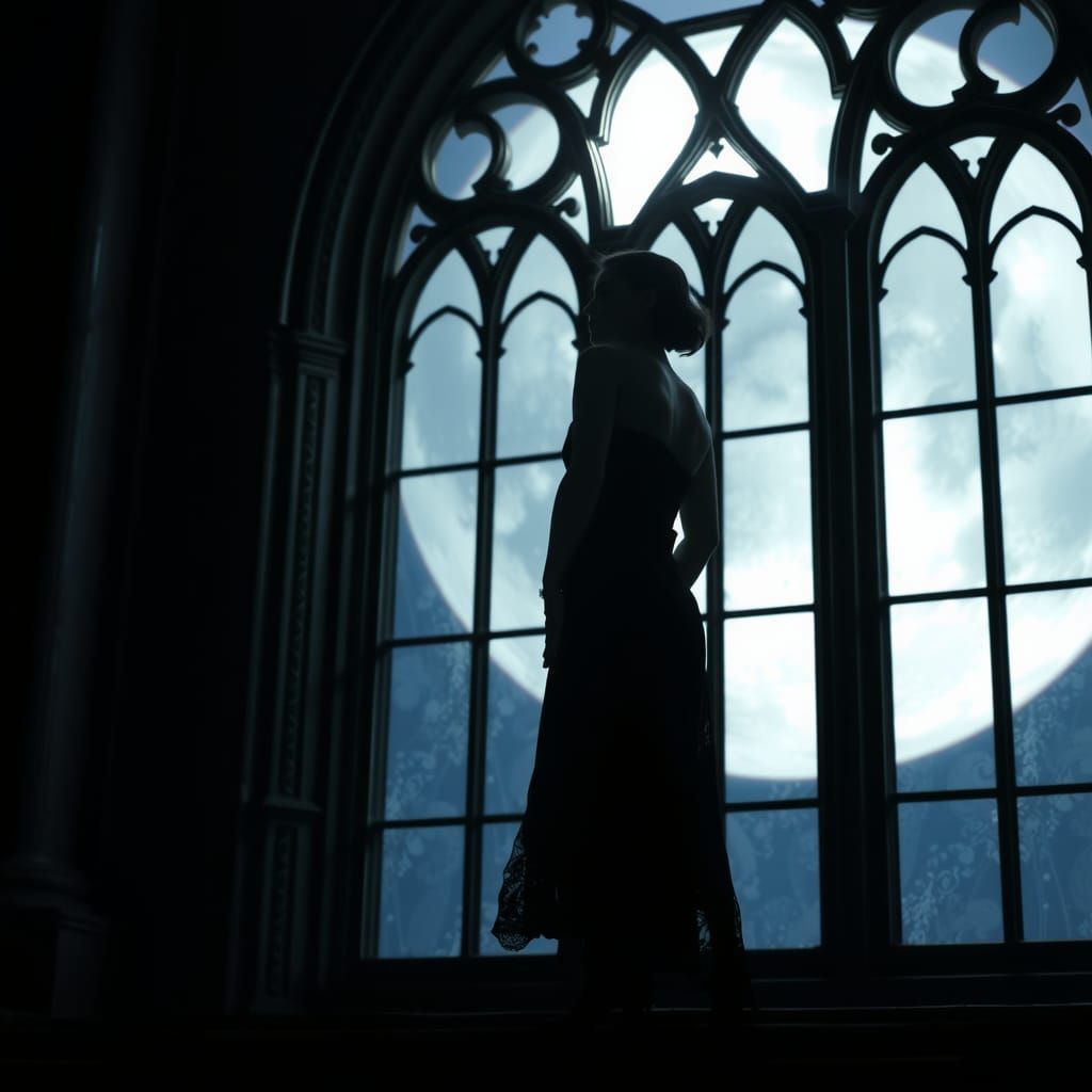 Gothic Silhouette: Woman Gazing at the Moon