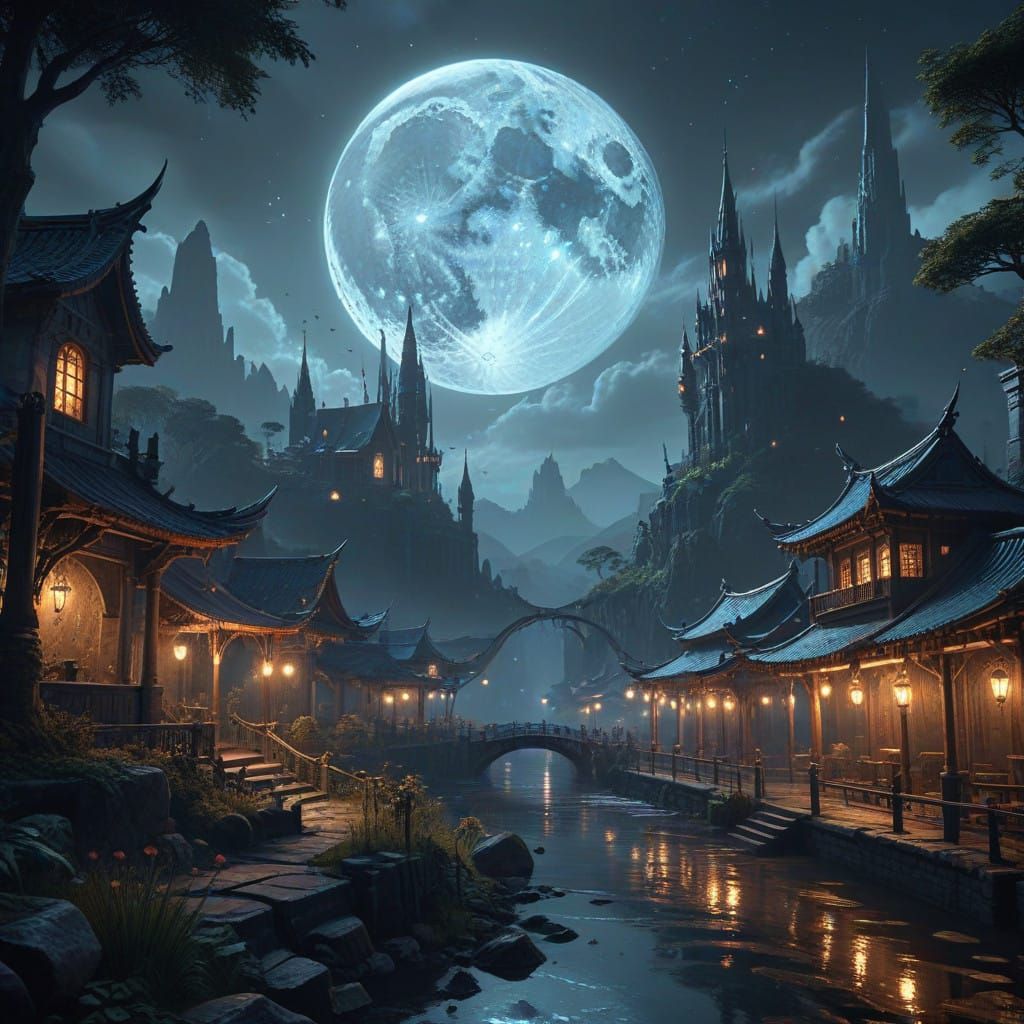 Surreal Crescent Moonlit Landscape in Cybercore Style