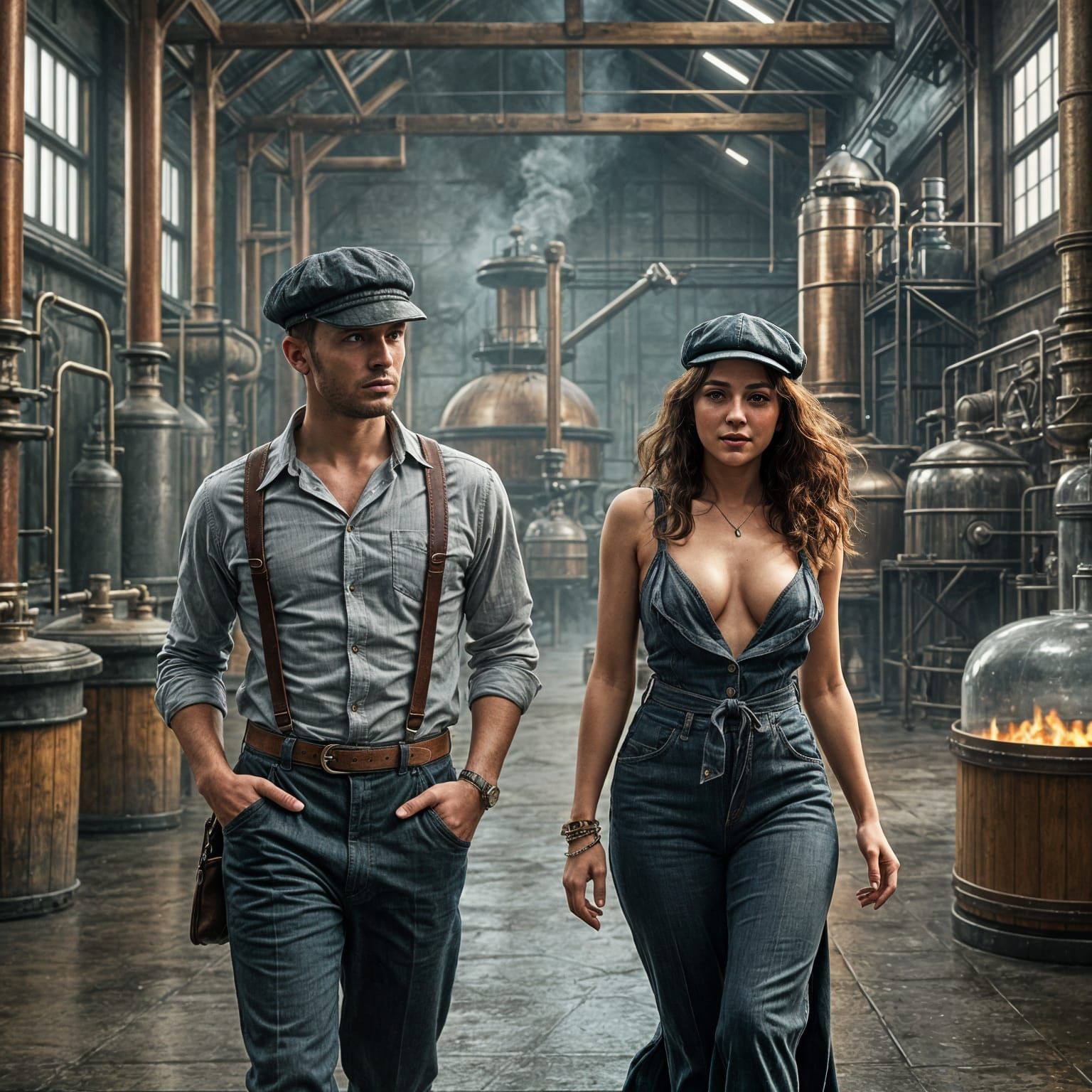 Young Peaky Blinders Trio Amidst Distillery Bustle