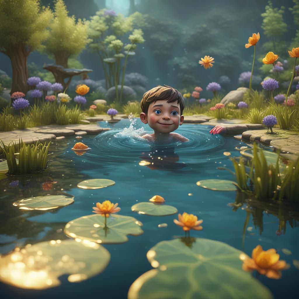 Boy Swimming: Whimsical Still Life in 3D Style