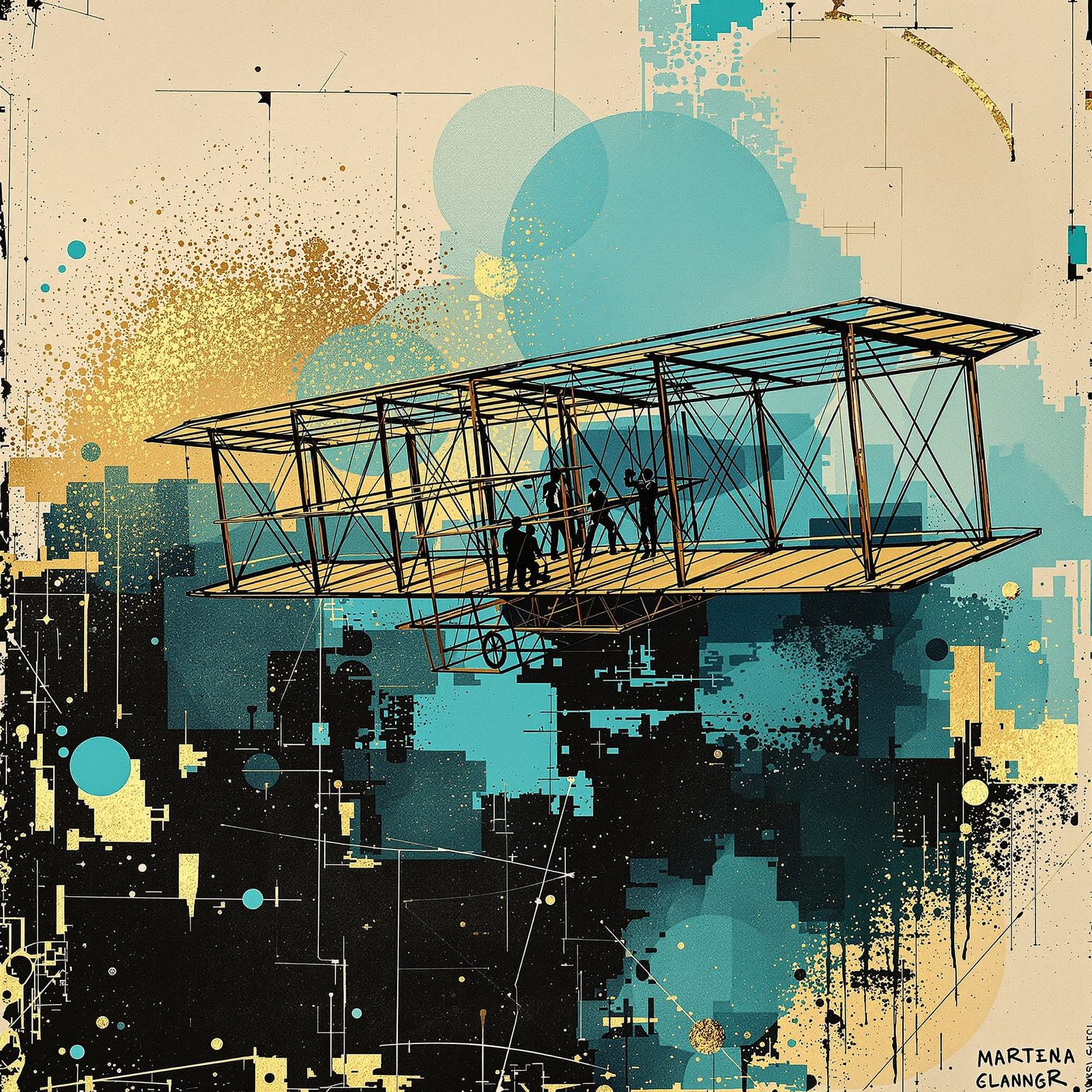 Wright Brothers' First Airplane Sketch in Mixed Media