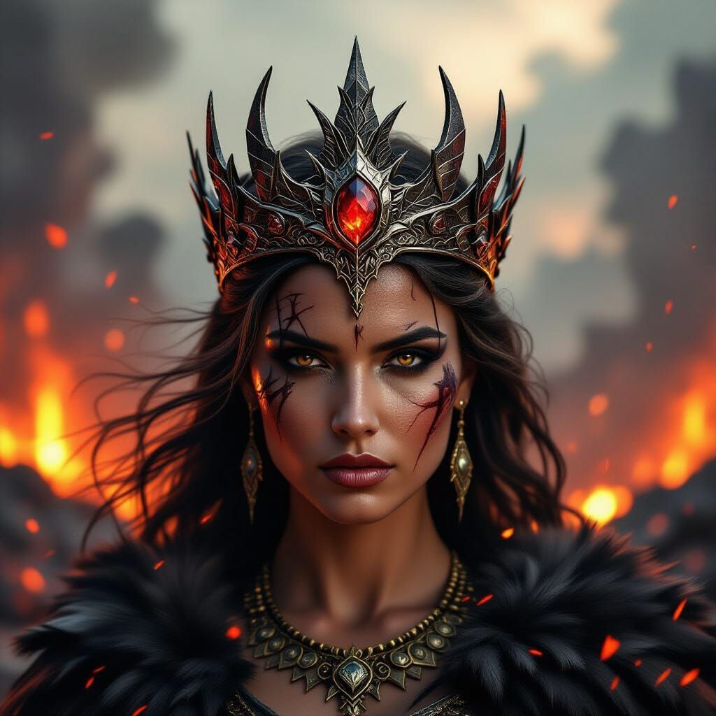 Warrior Queen with Dragon Scale Crown in Dark Fantasy Digita...