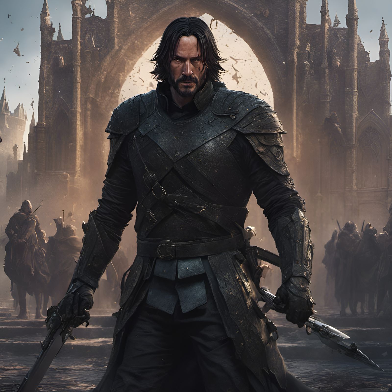 JOHN WICK AS a medieval warrior with black armor