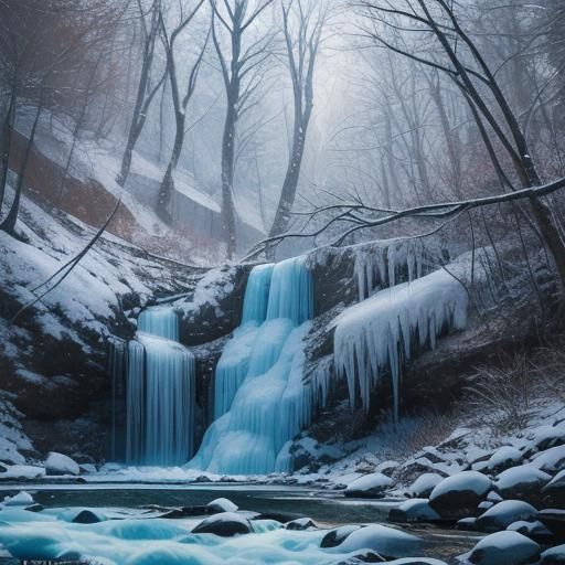 Frozen Waterfall and Forest in Winter Landscape