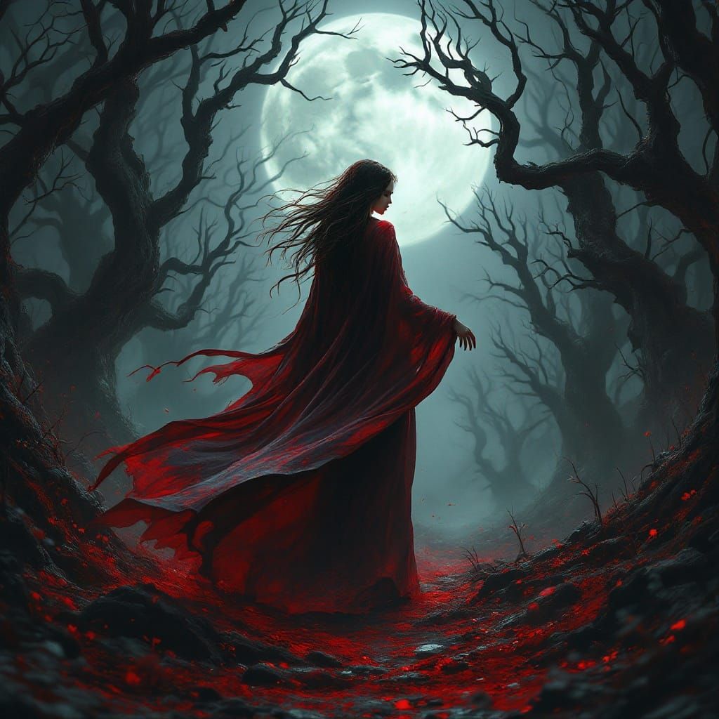 Mystical Woman Under Full Moonlit Trees