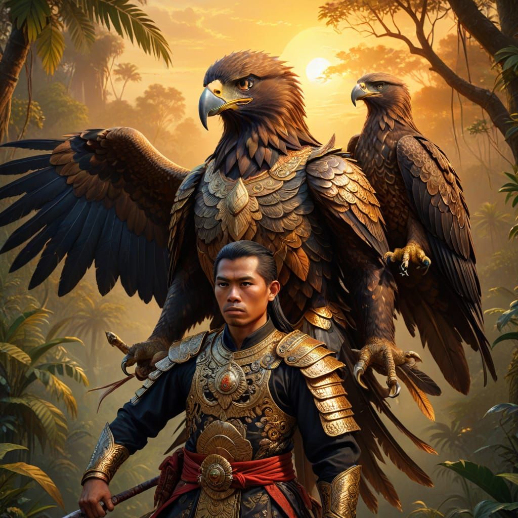 Javanese Warrior and Eagle in Oil Painting Style