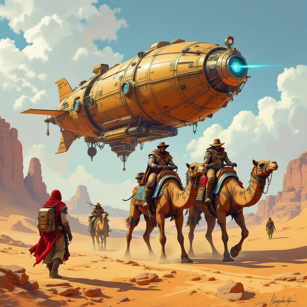 Steampunk Airship Crew on Cybernetic Camels in Desert