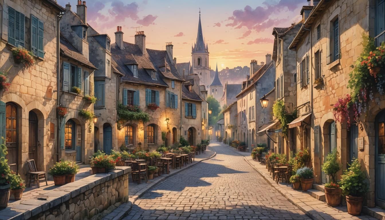 French Village at Dawn: Watercolor Concept Art