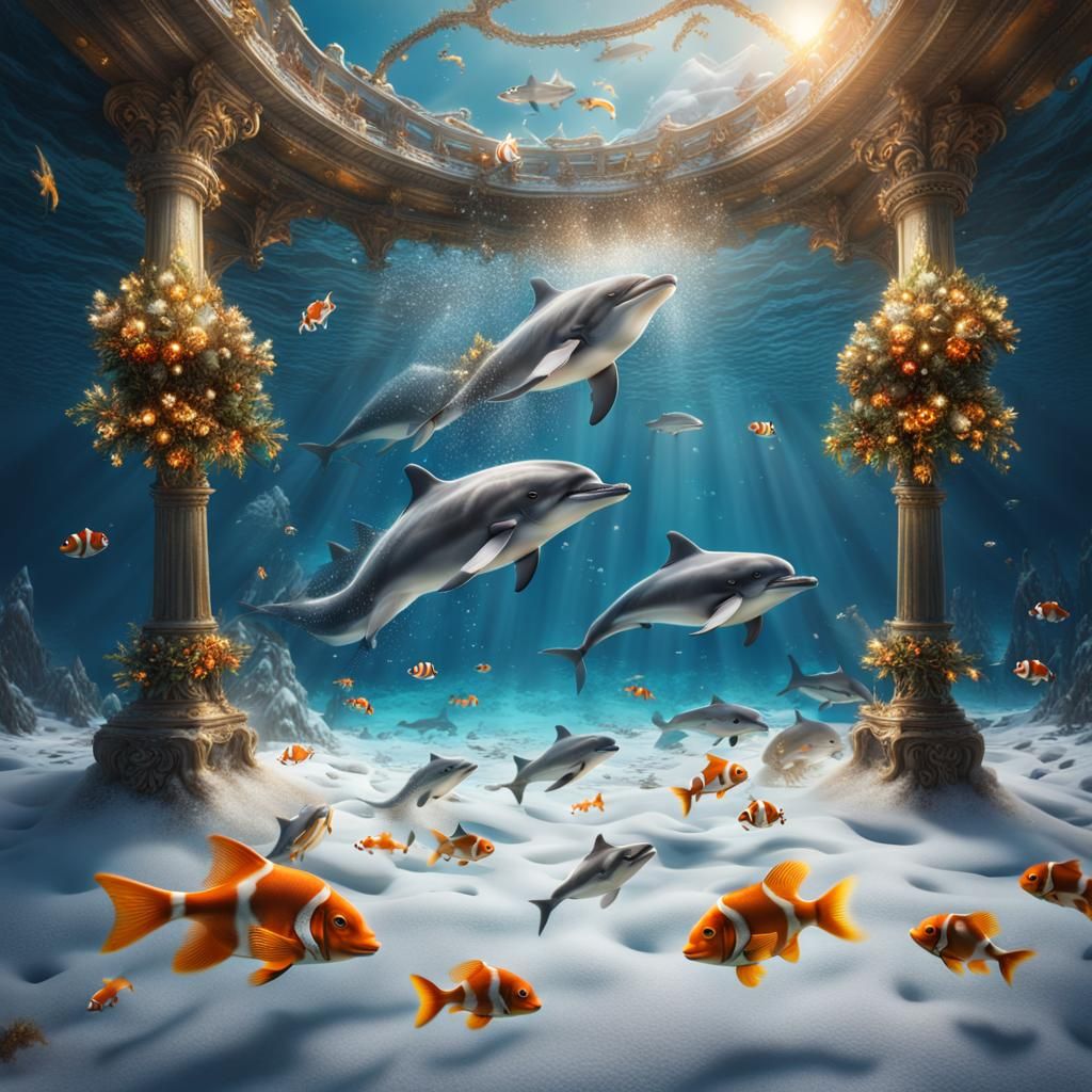 Dolphins Celebrate Christmas in Blue Ocean