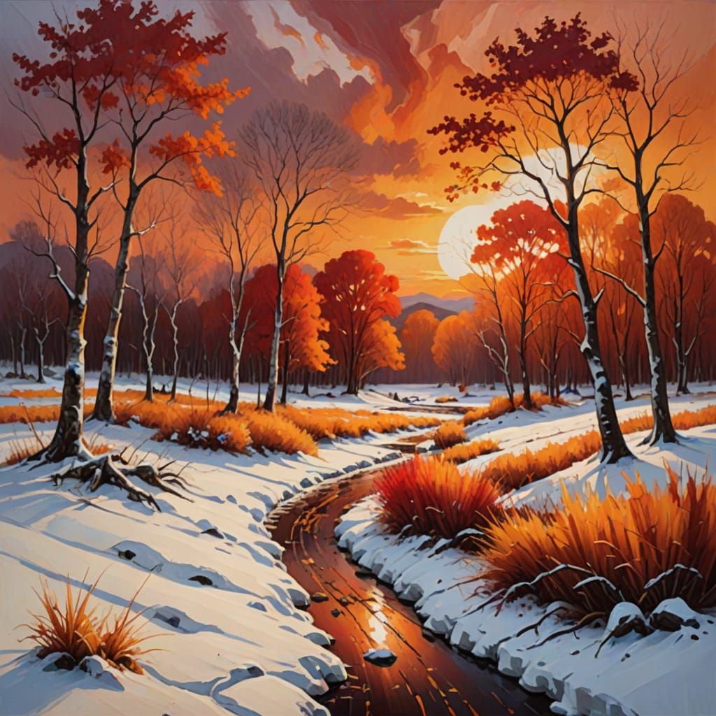 Vibrant Autumn Sunset Collides with Snowy Wilderness in Oil ...