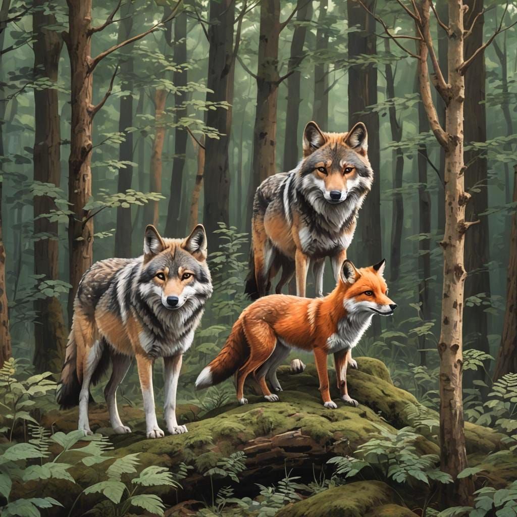 Wolf and Fox United in Forest