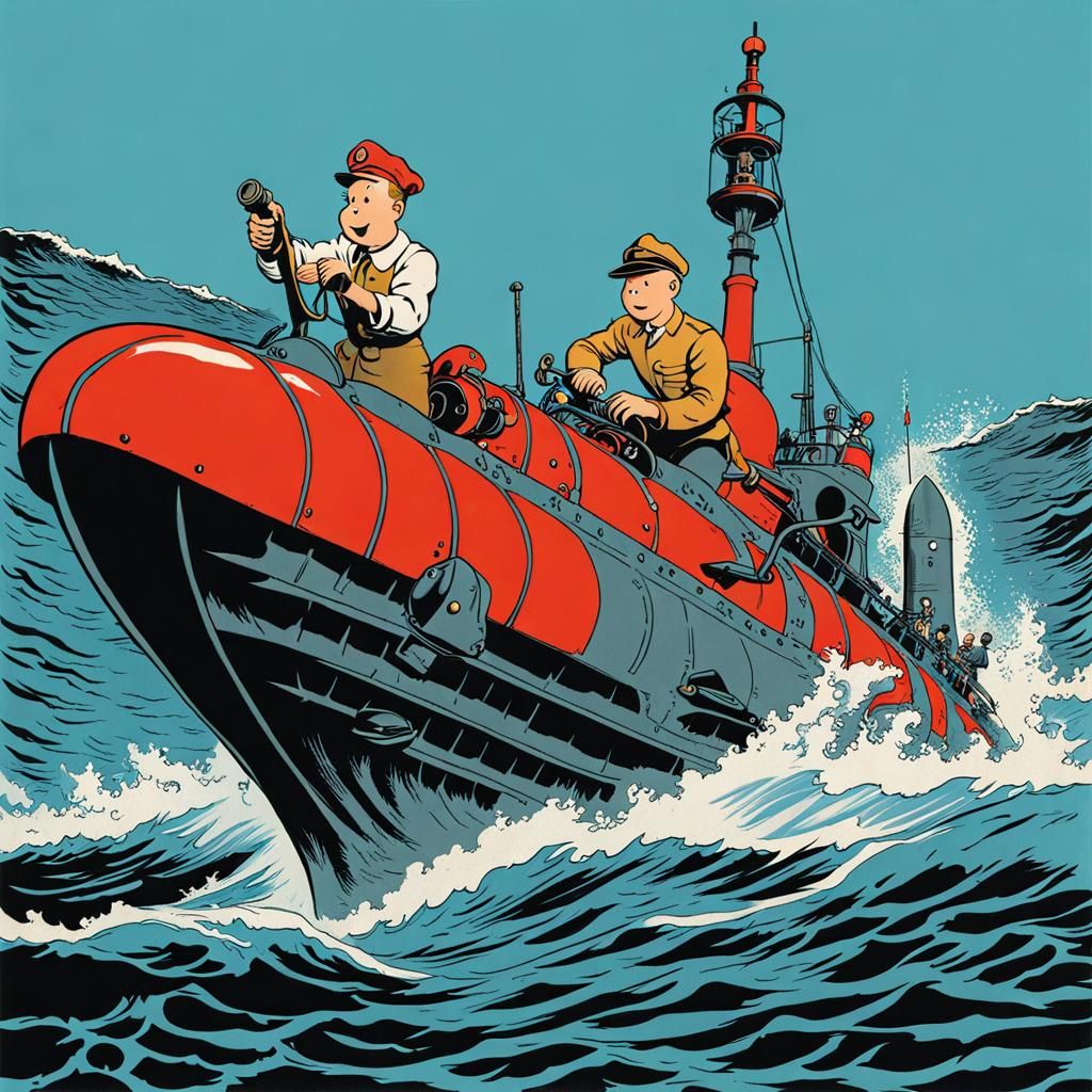 Tintin's Shark-Proof Submarine in Hergé Style