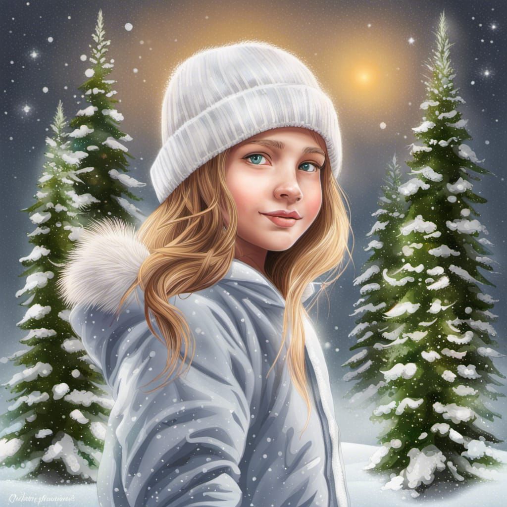Joyful Girl in Winter Landscape with Fluorescent Eyes