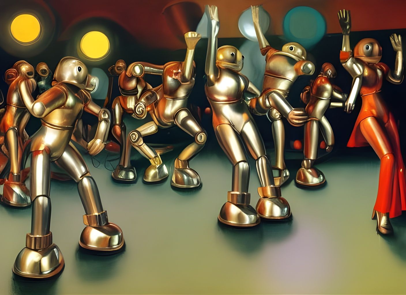 Chrome Robots Boogie on Disco Floor as Renaissance Art