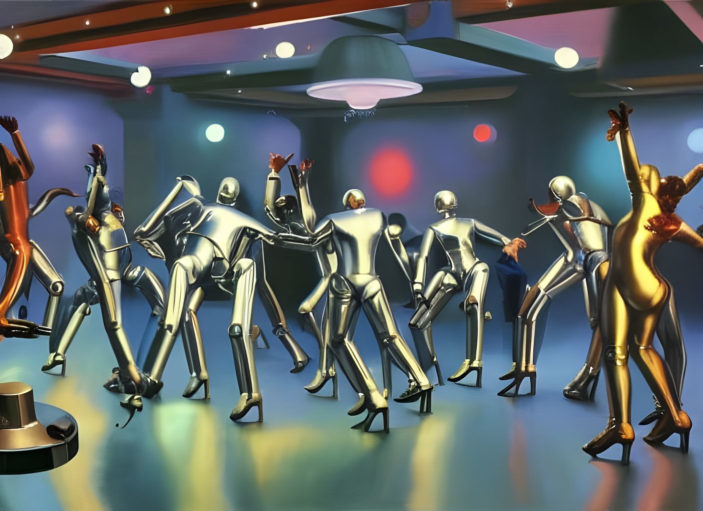 Chrome Robots Dancing on Disco Floor, Detailed Matte Paintin...