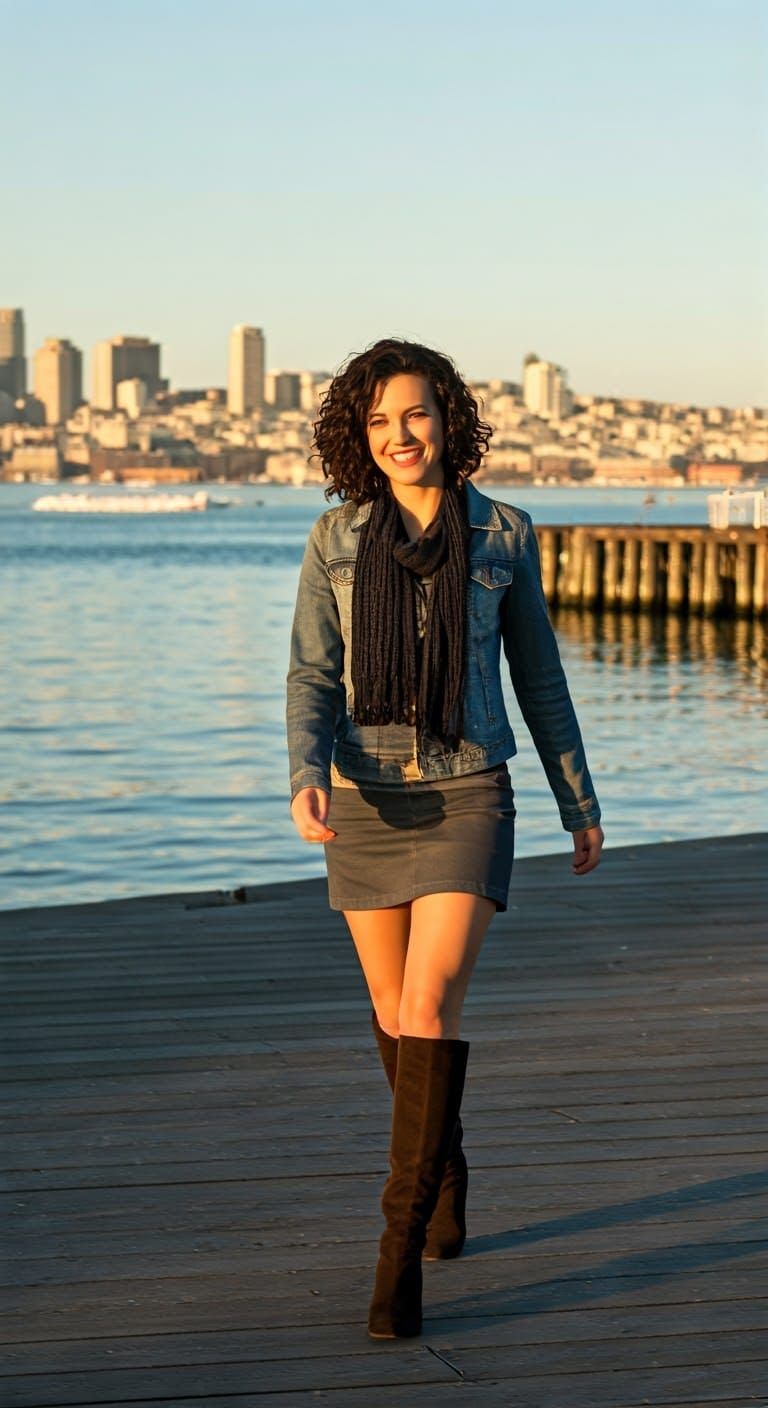 American woman in casual wear and knee-high boots