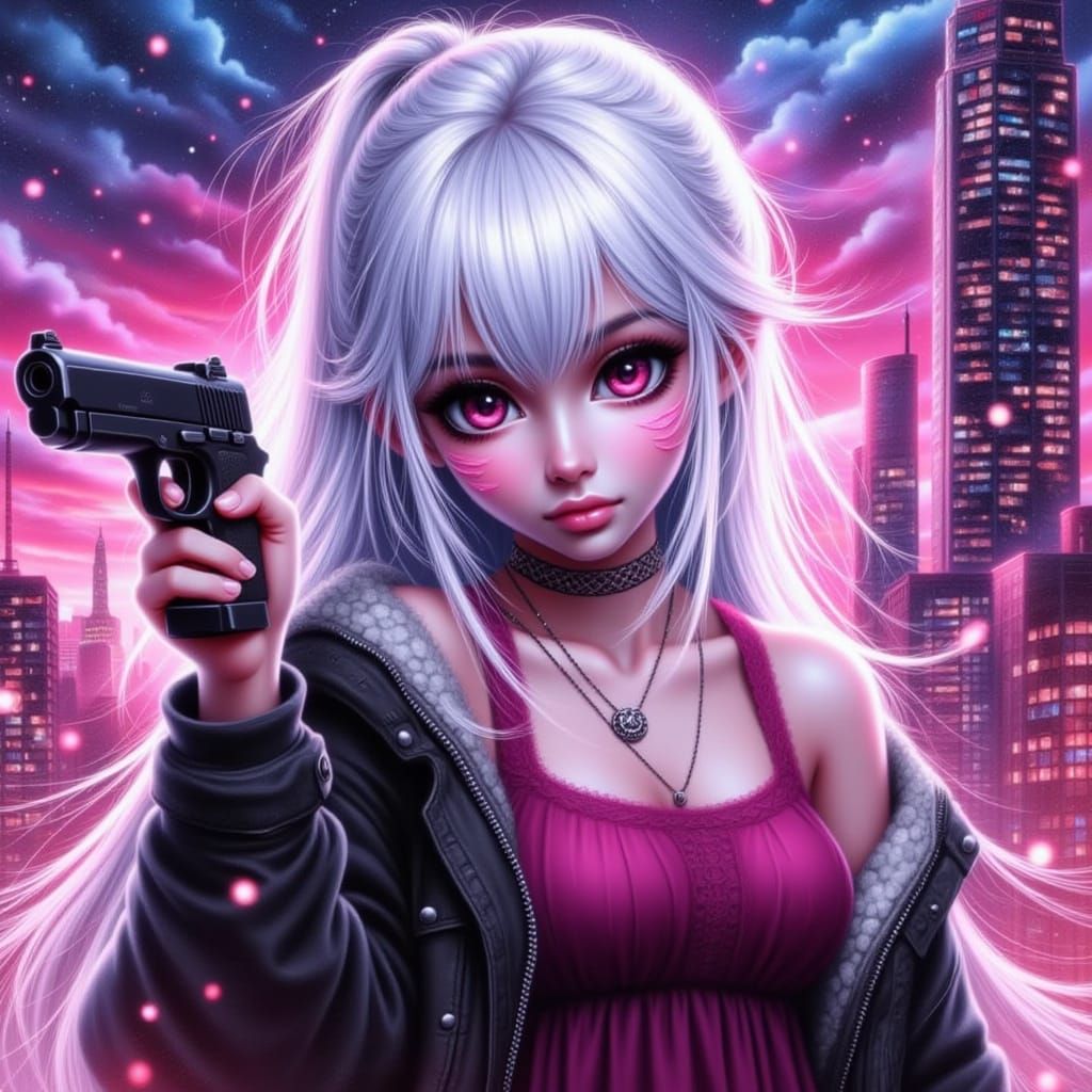 Anime Woman with Handgun in Pink City Dusk