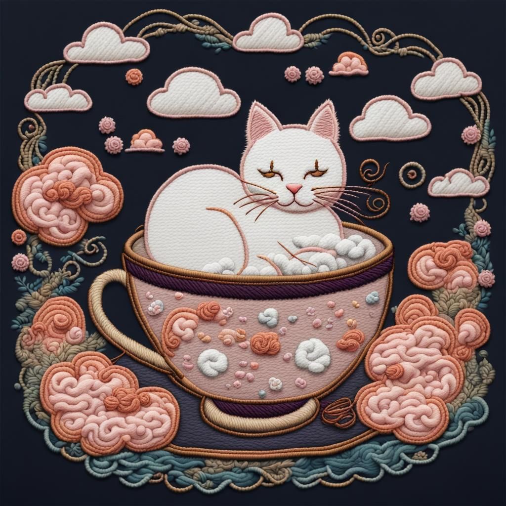 Cat in Teacup Embroidery Design in Matte Style