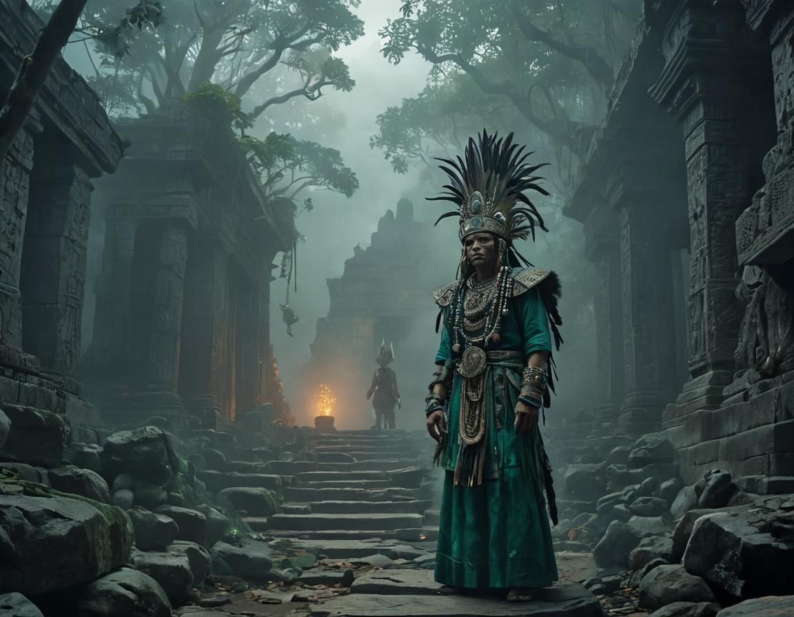 Mayan Priest Descent into Xibalba: Dark Fantasy Art