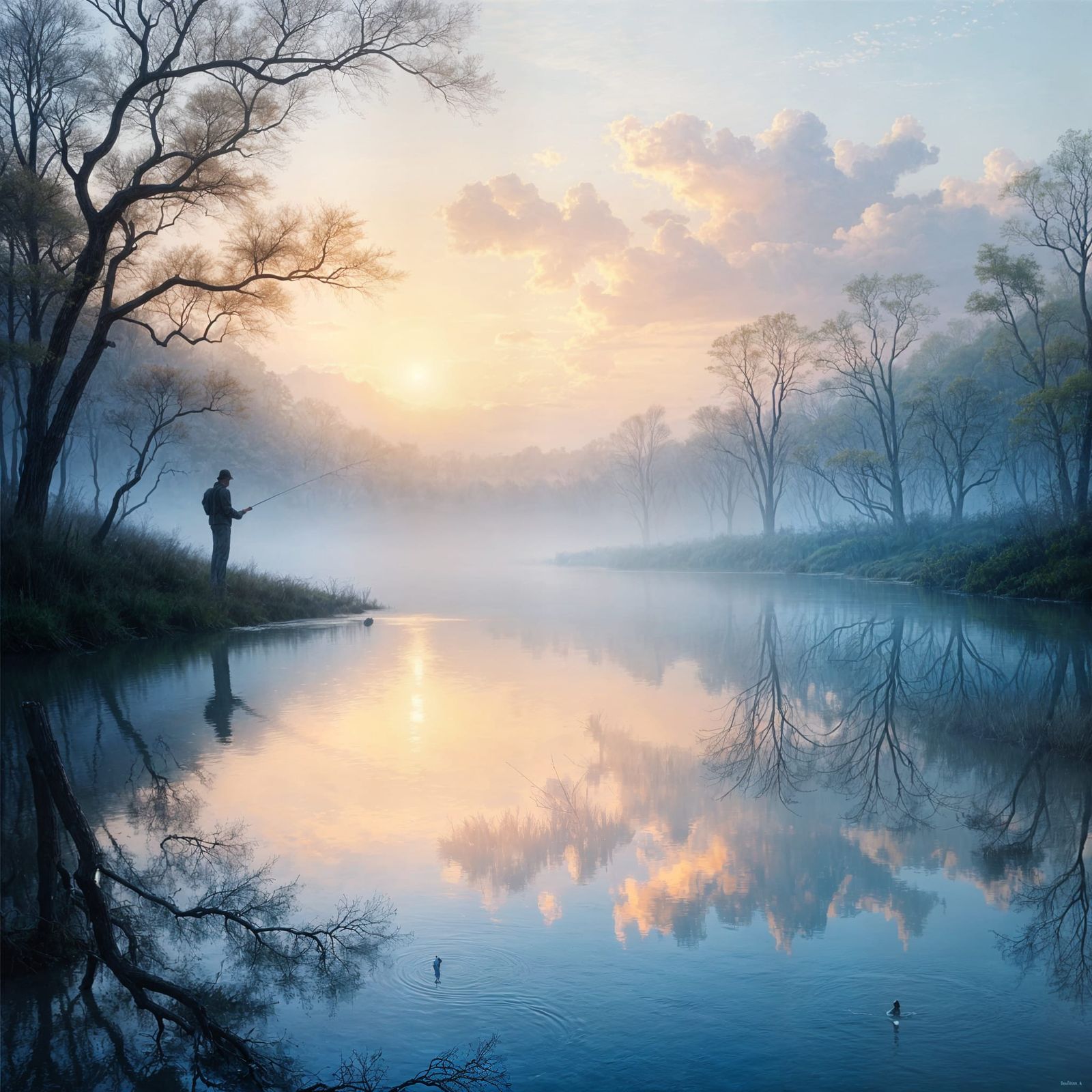 Serene Dawn Lake Fishing Scene in Impasto Style