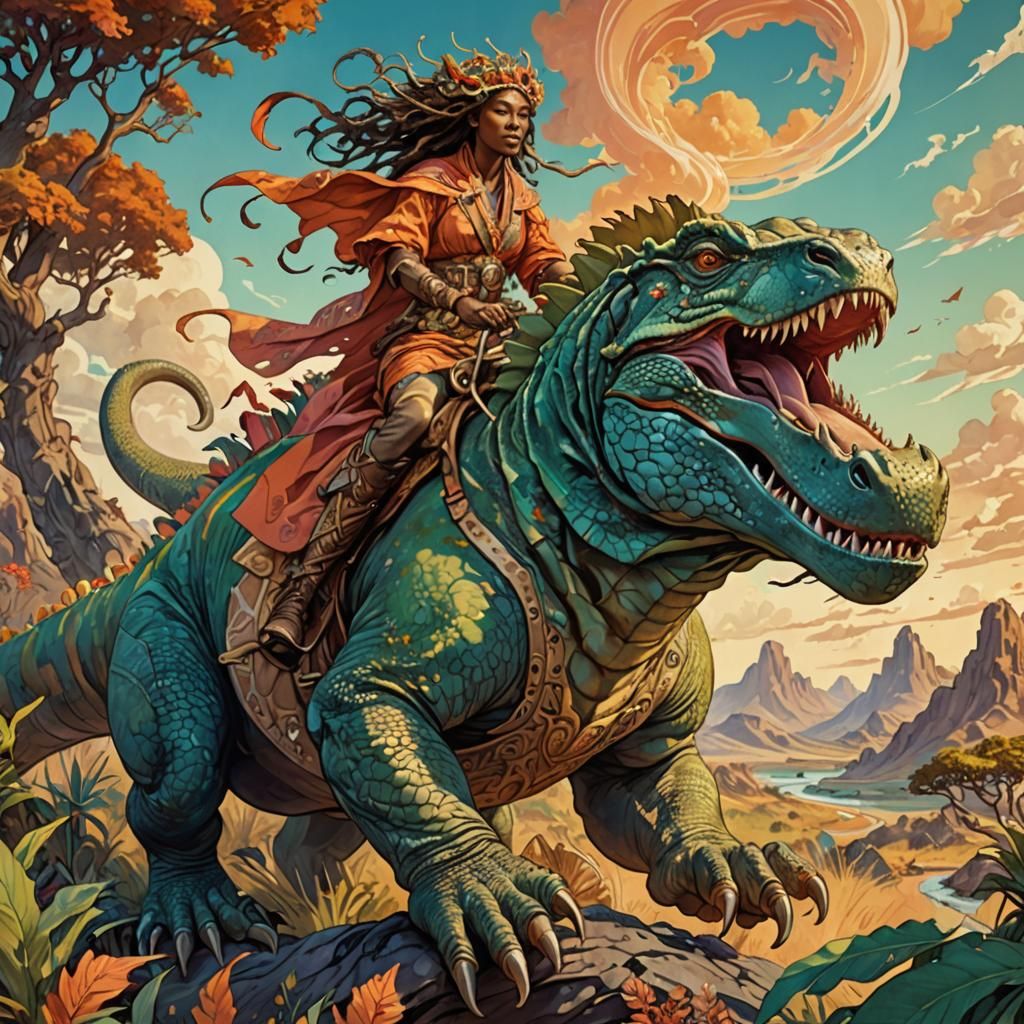 Druid Rides Dragon: Afrofuturistic Alphonse Mucha Style