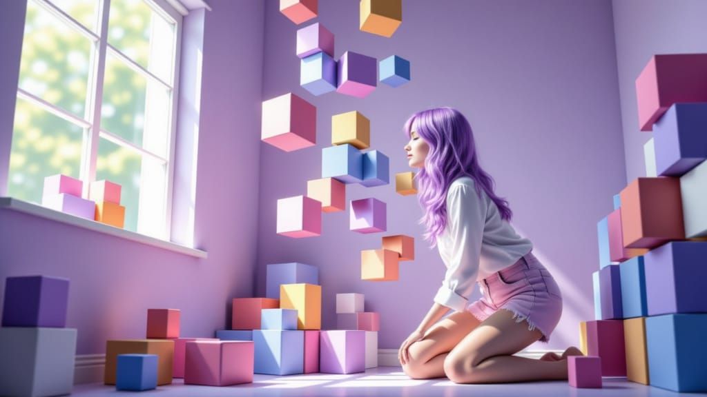Woman in Lavender Room with Falling Tetris Blocks