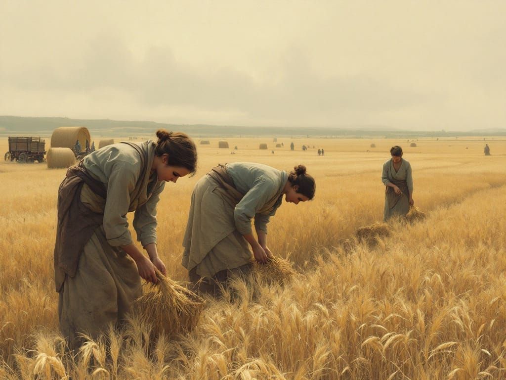 Women Gather Wheat in Golden Countryside Landscape