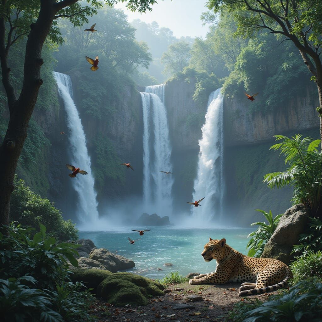Vibrant Jungle Oasis with Ten Majestic Waterfalls and Exotic...