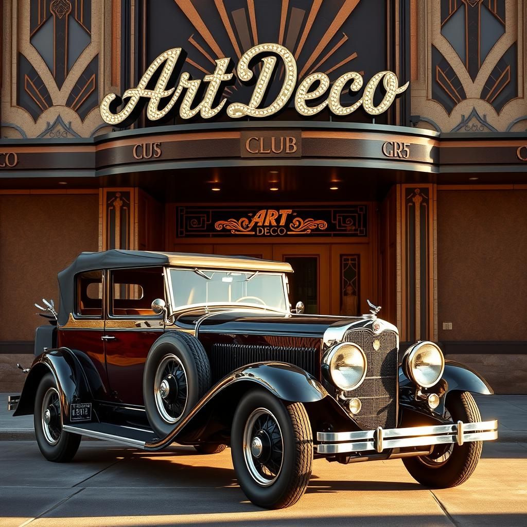 Vintage Car at Art Deco Club Entrance