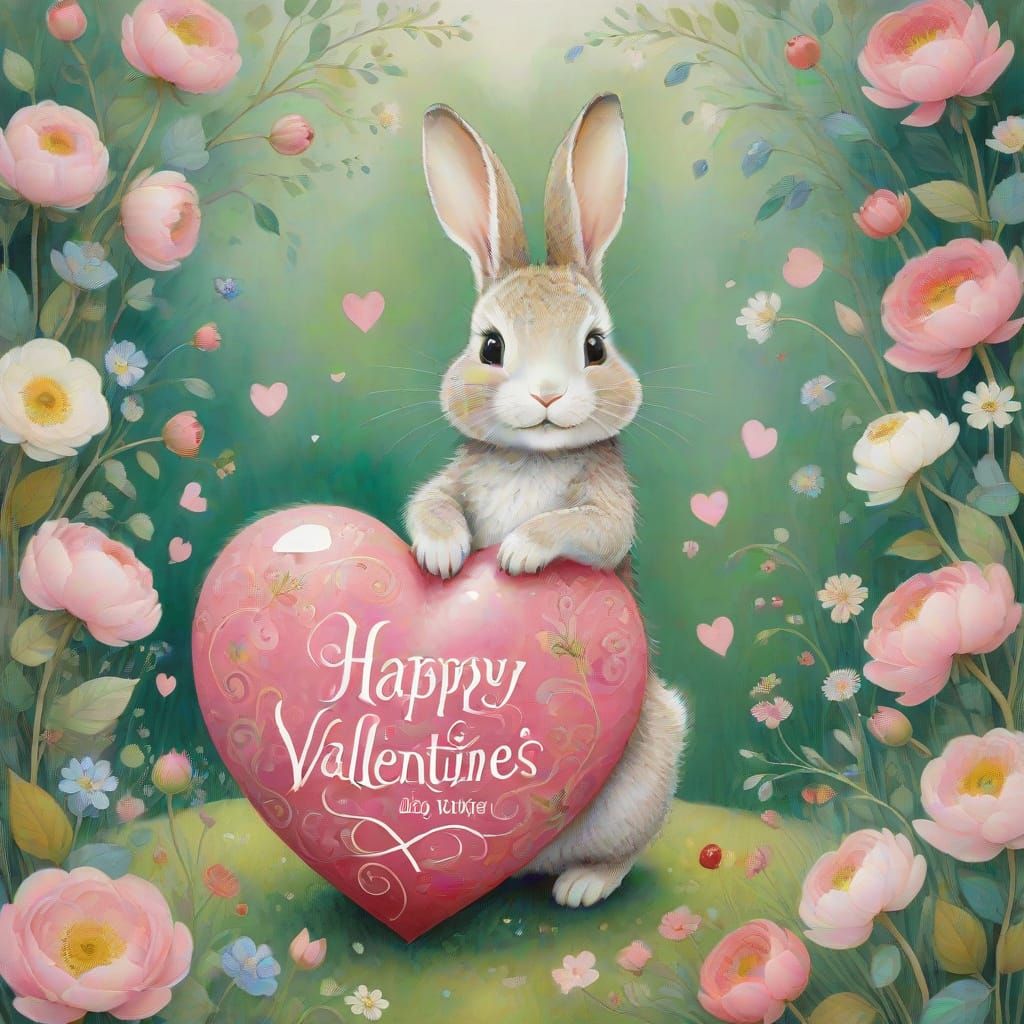 Whimsical Gouache Heart Painting with Bunny