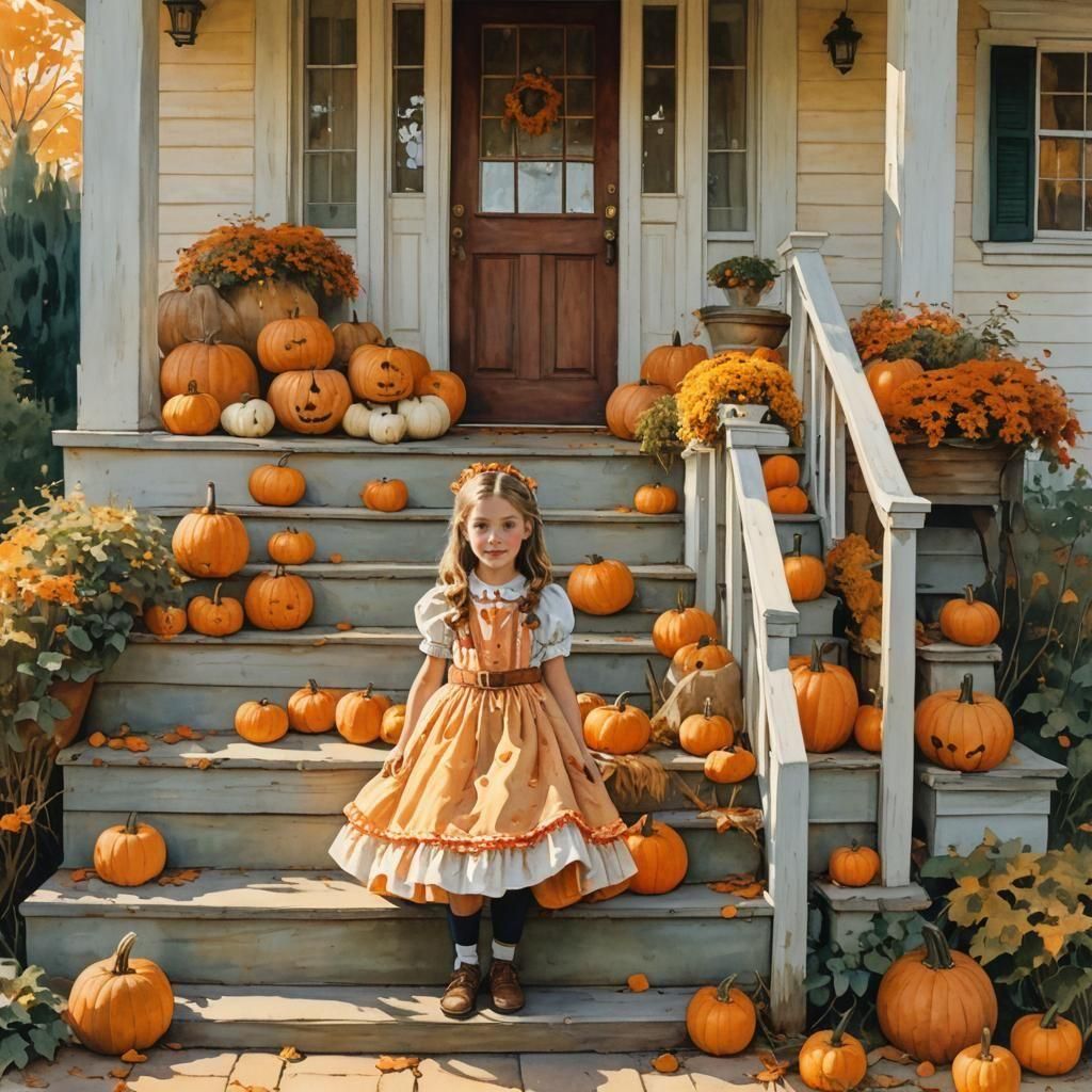 Jack O' Lanterns and Princess on Farmhouse Porch
