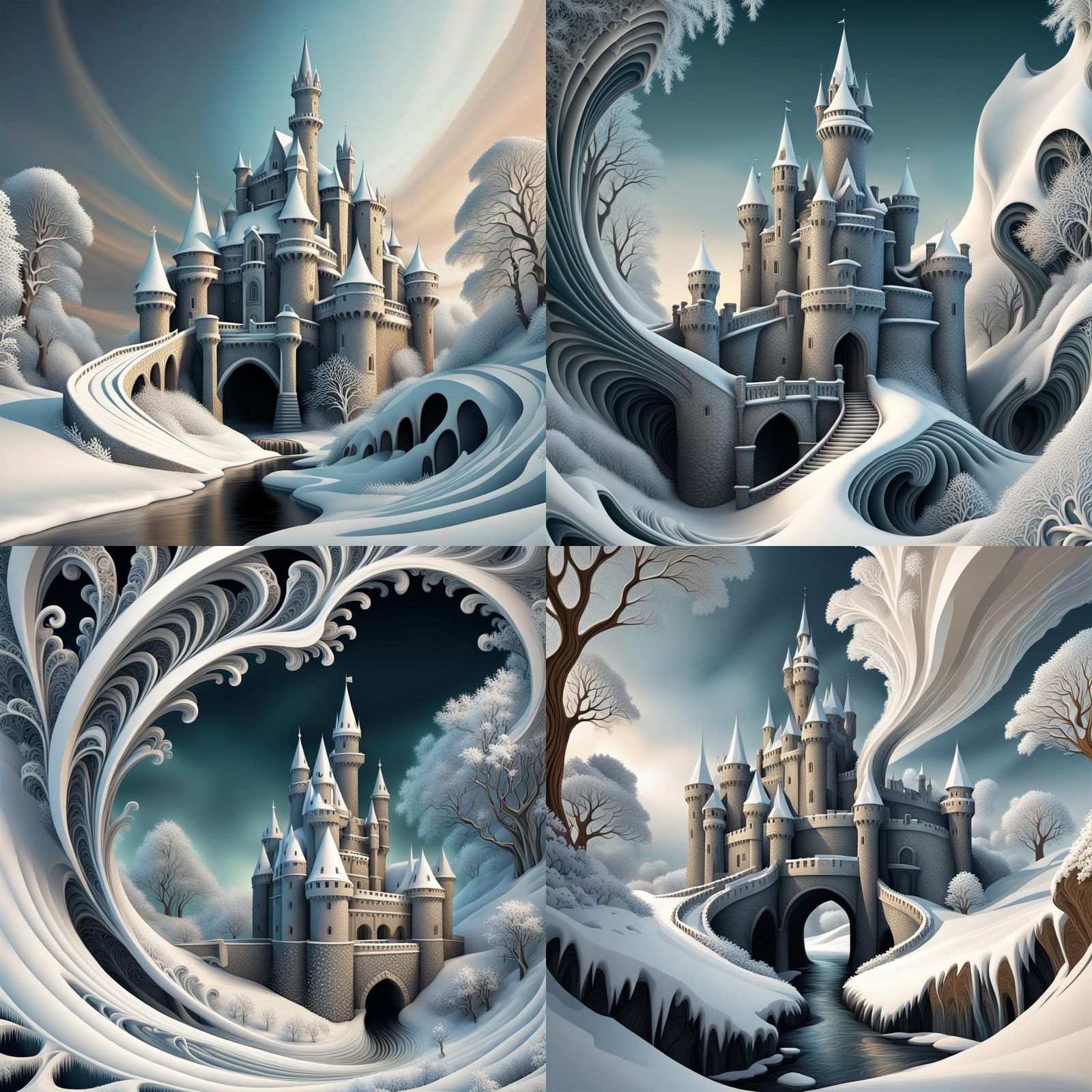 Snowy Irish Castle with Abstract Fractal Elements